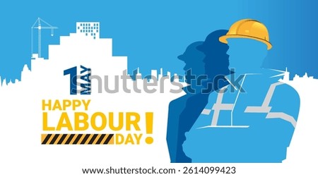 Labour Day greeting card template with construction workers in overalls, helmet, city skyline, and crane. Celebrates 1st May, honoring workers’ contribution. Great for posters or banners.