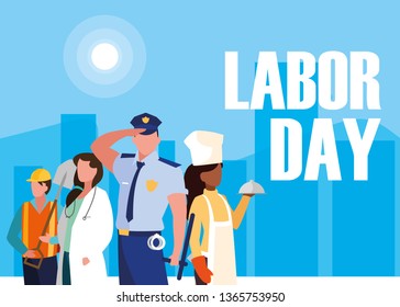 labour day with group professionals and cityscape