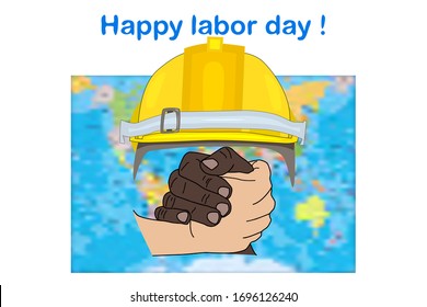 Labour day. Happy labour day frame with multi ethnic hands, world map and helmet isolated on white background. International Workers day illustration for poster, postcard, card or banner design.Vector