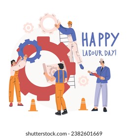 Labour Day with Happy Man Engineer in Helmet with Cogwheel Vector Illustration