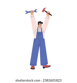 Labour Day with Happy Man Engineer in Overalls Standing with Wrench and Hammer Vector Illustration