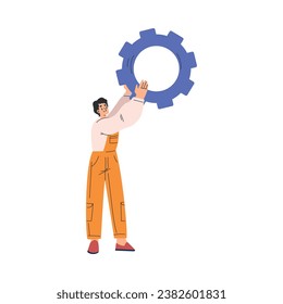 Labour Day with Happy Man Engineer in Orange Overalls Holding Cogwheel Vector Illustration