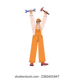 Labour Day with Happy Man Engineer in Helmet with Hammer and Wrench Standing Vector Illustration