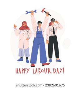 Labour Day with Happy Man and Woman of Different Profession in Uniform Vector Illustration