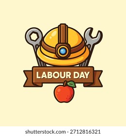 Labour Day Hard Hat with Tools and Apple Cartoon Vector