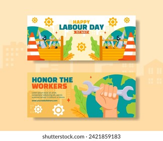 Labour Day Horizontal Banner Flat Cartoon Hand Drawn Templates Background Illustration