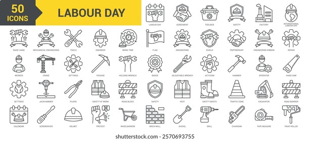 Labour Day icon collection set. Containing engineer, operator, agreement, toolbox, safety, factory, worker, mechanical engineering, safety, helmet, engineering, tools icon. Simple line vector