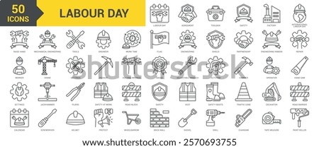 Labour Day icon collection set. Containing engineer, operator, agreement, toolbox, safety, factory, worker, mechanical engineering, safety, helmet, engineering, tools icon. Simple line vector