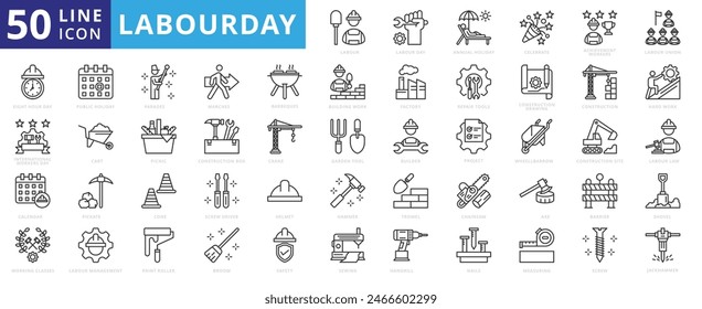 Labour day icon set with annual holiday, celebrate, achievement workers, union, international workers day, calendar and international.