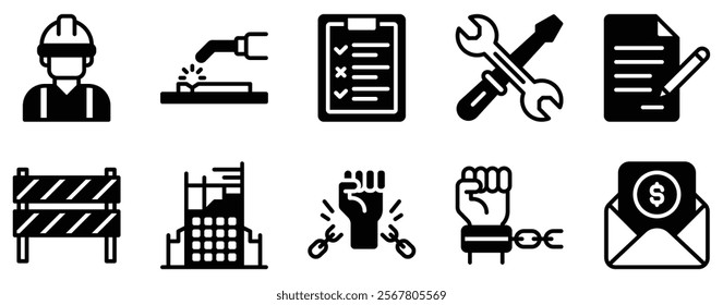 Labour Day Icon Set Bold Solid Style Collection for Workers and Celebrations