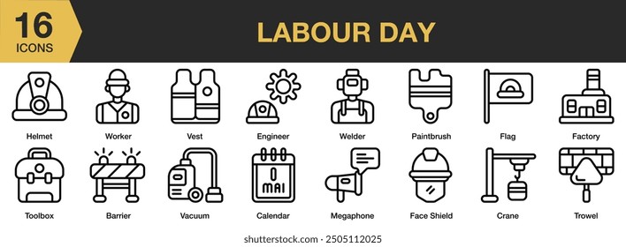 Labour Day icon set. Includes factory, flag, megaphone, paintbrush, toolbox, vest, and More. Outline icons vector collection.