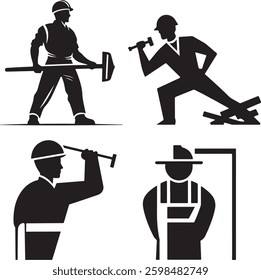Labour Day Icon Silhouettes, Black and White Silhouette Illustrations of Construction Workers