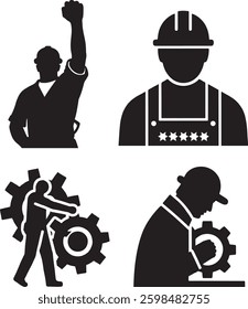 Labour Day Icon Silhouettes, Black and White Silhouette Illustrations of Construction Workers
