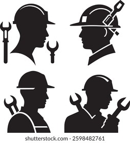 Labour Day Icon Silhouettes, Black and White Silhouette Illustrations of Construction Workers