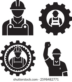 Labour Day Icon Silhouettes, Black and White Silhouette Illustrations of Construction Workers