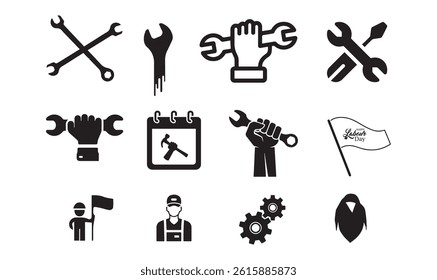 "Labour Day Icons Set Worker Tools, Gears Protest Symbols Vector Pack"