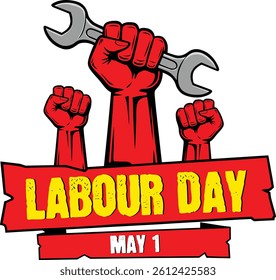 Labour Day Illustration with Raised Fists and Wrench – May 1 Workers’ Celebration Graphic