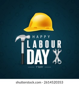 Labour day or international workers' day 1st may poster template design with Yellow safety hat and construction equipment. vector illustration .
