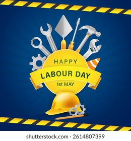 Labour day or international workers' day 1st may poster template design with Yellow safety hat and construction equipment. vector illustration .