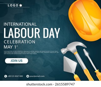 Labour day or international workers' day 1st may poster template design with Yellow safety hat and construction equipment. vector illustration .