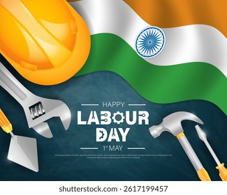 Labour day or international workers' day 1st may poster template design with Yellow safety hat and construction equipment. vector illustration .