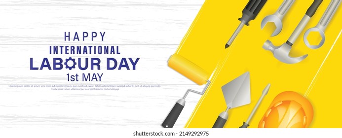 Labour day or international workers' day banner template design with Yellow safety hat and construction equipment. vector illustration .