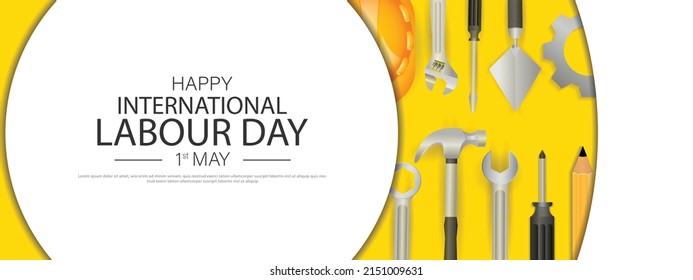 Labour day or international workers' day banner template design with Yellow safety hat and construction equipment. vector illustration .