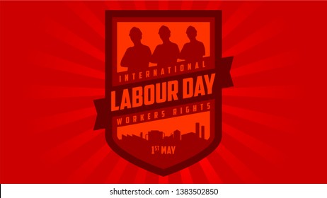 Labour day or international workers day logo or symbol vector illustration with worker silhouette and factory landmark on background. laborday and mayday celebration