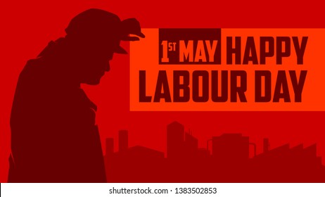 Labour Day Or International Workers Day Vector Illustration With Worker Silhouette And Factory Landmark On Background. Laborday And Mayday Celebration