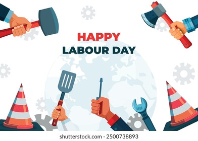 Labour Day, Labor Day, celebration, tools, professions, workers, hands, hammer, axe, spatula, wrench, construction cone, gears, workforce, holiday, work, industry, labor, workers rights, illustration