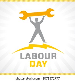 Labour Day, lettering 1st may and workman with wrench on sunbeams. Labor Day banner for International Workers day vector illustration