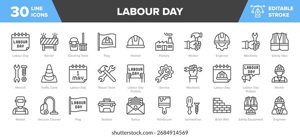 Labour Day Line Icon Set - May Day, Workers Day, Employee, Labor Day Vector Illustration