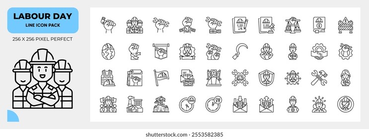 Labour Day Line Icons Pack, Contain Such as Factory, Networking, Labour Law and More