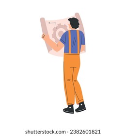 Arbeitstag mit Charakter eines Ingenieurs in Orange Overalls mit Vektorgrafik-Papierentwurf