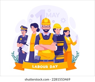 Labour Day On 1st May. A Group of Different kinds of workers. A Construction worker, Policeman, Fireman, and Female worker. Vector Illustration