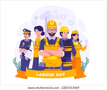 Labour Day On 1st May. A Group of Different kinds of workers. A Construction worker, Policeman, Fireman, and Female worker. Vector Illustration