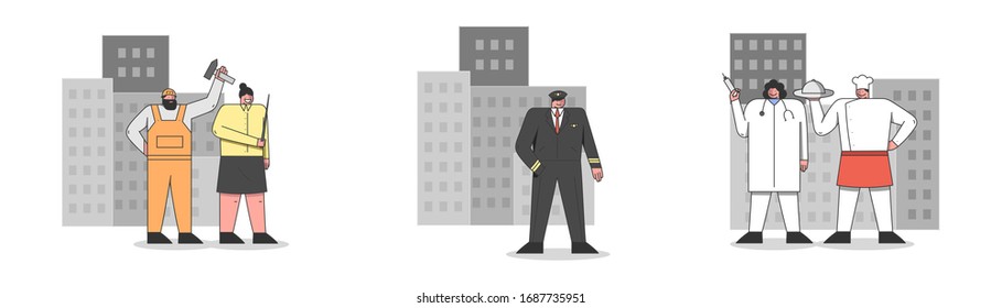 Labour Day. People Of Different Professions Prepare To Celebrate Holiday. Large Group of Diverse Workers of Various Professions and Specialists. Cartoon Linear Outline Flat Vector Illustrations Set