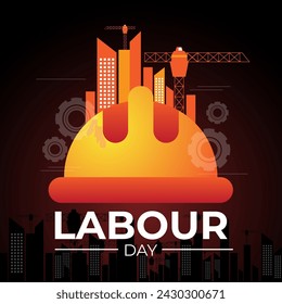 labour day poster or banner background design with helmet and buildings. vector illustration