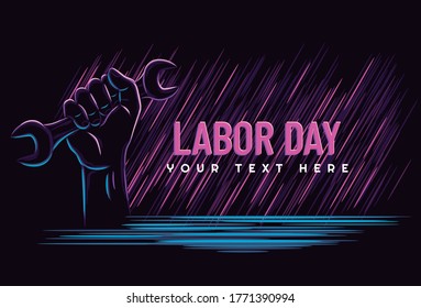 Labour day poster or banner with clenched fist holding wrench. vector illustration