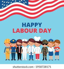 Labour day poster with cartoon workers greeting and smiling with USA flag vector illustration