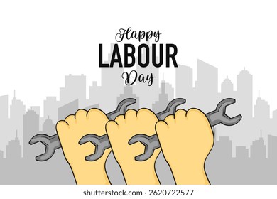 Labour Day Poster with Hands Holding Wrench.Vector illustration.