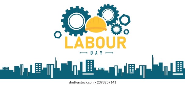 Labour Day poster. Holiday and festival 1 May. Yellow protective hat near coghweels. Silhouette of skyscrapers and modern city. Graphic element for website. Cartoon flat vector illustration