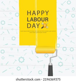 Labour day poster template design with Yellow safety hat and construction equipment. vector illustration .