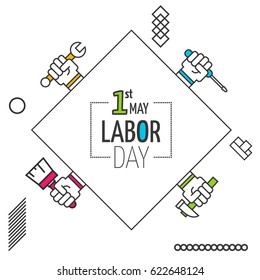 Afiche del Día del Trabajo. Cartel de la celebración del Día de los Trabajadores. Fondo del esquema del día laborable. 1er puede ser símbolo geométrico, icono, logotipo. 
