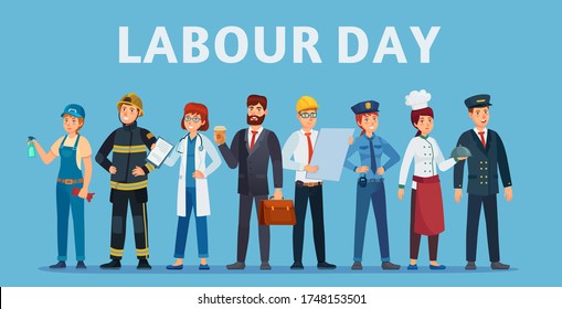 Labour day. Professional workers group, happy professionals of different jobs standing together and Labor Day poster or greeting card vector illustration. Labor day, people standing man and woman