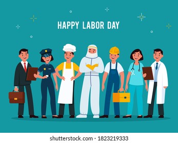 Labour day. Professionals group in uniforms of various professions. Scientist, doctor and worker, policeman and chef, engineer and nurse people standing in line vector flat cartoon poster with text