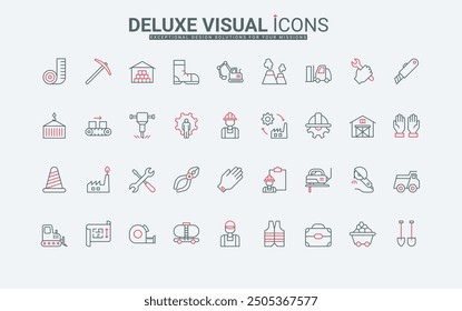 Labour day, safety equipment and tools of workers line icons set. Labor collection of helmet and vest, gloves and gear of construction industry thin black and red outline symbols vector illustration