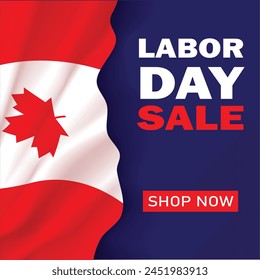 Labour Day sale banner. Canada waving flag. blue background. Canada national workers holiday. Vector illustration.