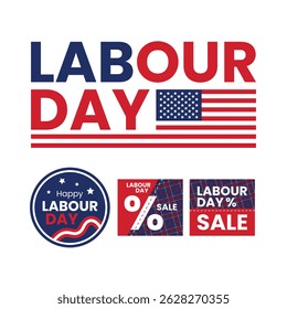 Labour Day sale and celebration design set with American flag colors, discount symbols, and festive elements on a white background.