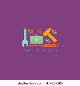 Labour day sale typography with working tools icons. Labour Day Sale text. Ready for design. Hammer silhouette, wrench silhouette and screwdriver.